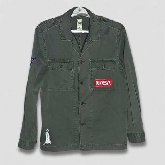 Lucky Brand Cotton Jacket NASA Patches Cargo Pockets Military Green Men’s sz M - Picture 1 of 16